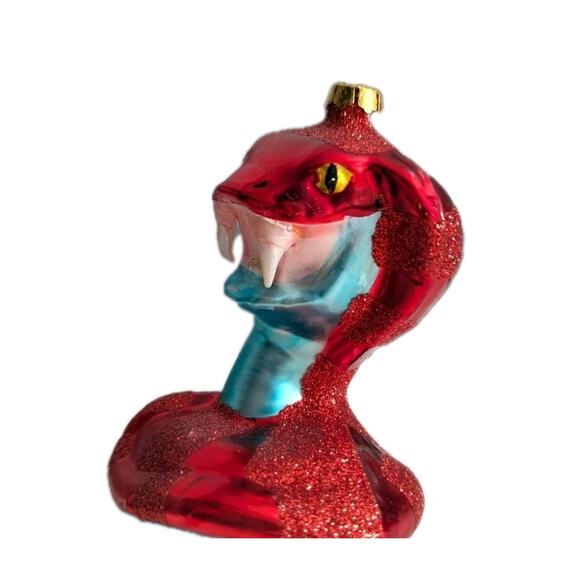 Red King Cobra Snake Christmas Ornament Blown Glass Glitter Blue 4” Serpent - Picture 7 of 10